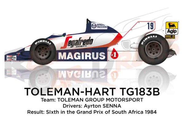 Toleman - Hart TG183B n.19 sixth at teh Grand Prix of South Africa 1984